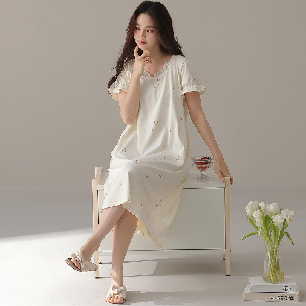Summer Modal Short-sleeved Nightgown Women's Loose, Sweet and High-end Sense Can Be Worn Outside Medium and Long Over the Knee New Loungewear