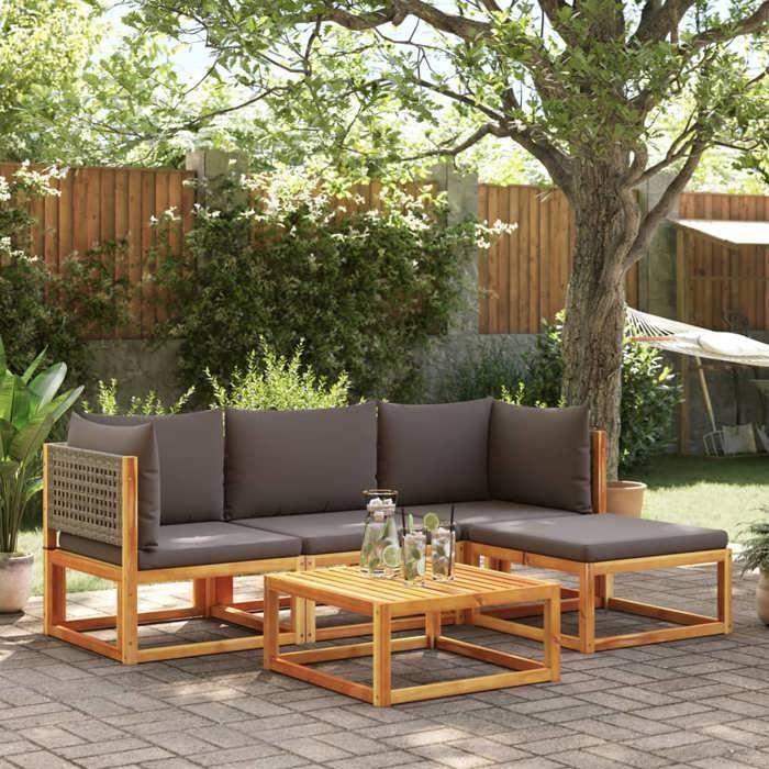 VidaXL Ensemble de canapés de jardin 5 pièces avec coussins en bois d'acacia et rotin 3278895