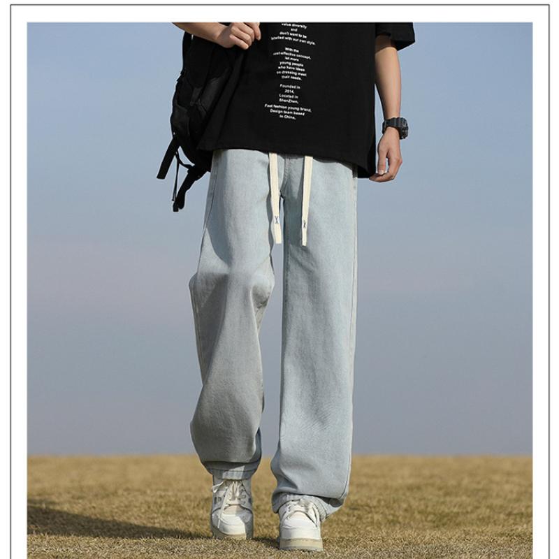 Light Blue Washed Men's Jeans Straight Leg Wide Leg Thin Summer Casual American Retro Loose Fit Long Pants