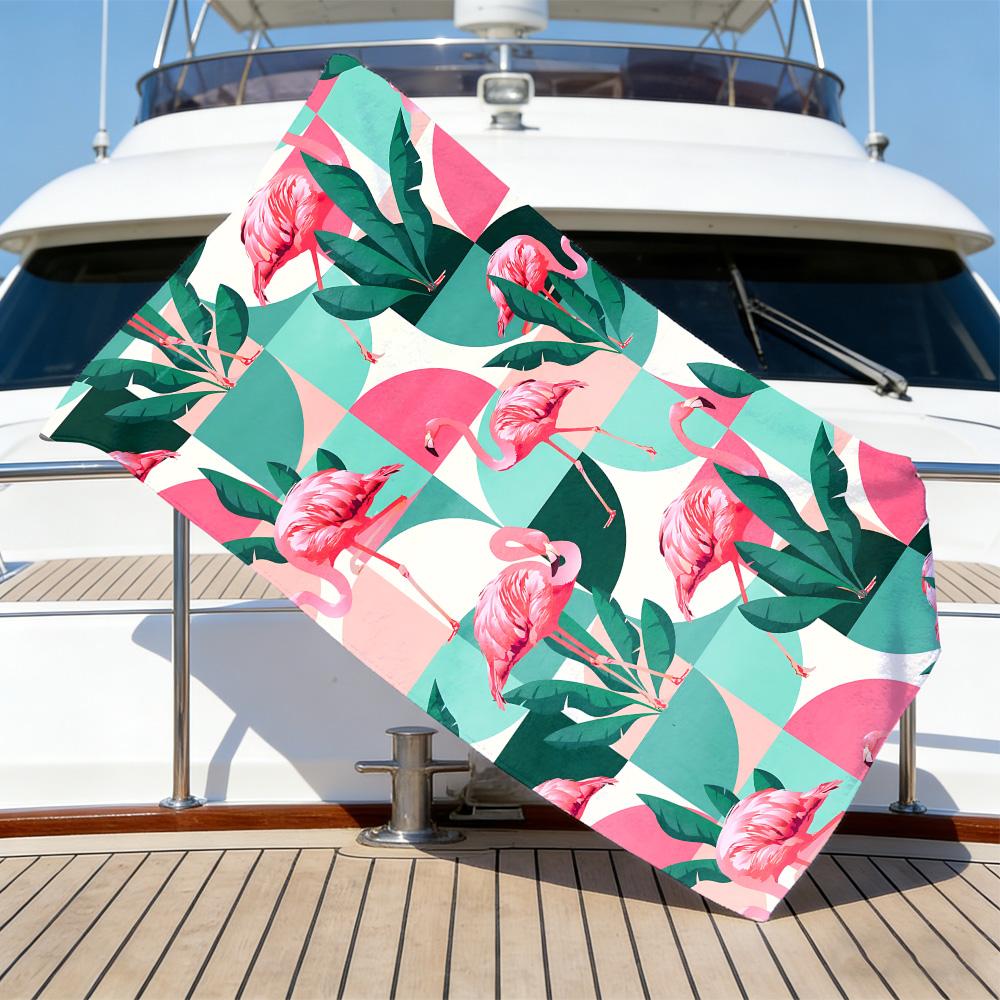 Retro Tropical Flamingo Beach Towel – Oversized Quick Dry Sand Free with Palm Leaf Print