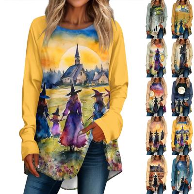 Lockerer Rundhalsausschnitt, langärmeliger T-Shirt-Top-Pullover für Damen für Halloween
