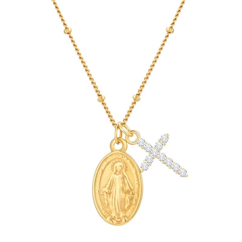 Zirconia Cross Virgin Mary Pendant Necklace, Oval Miraculous Medal Religious Jewelry