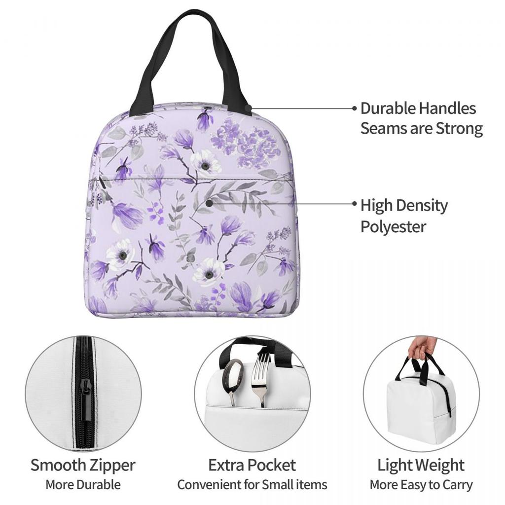 Light Purple Floral Pattern Insulated Lunch Bag for Women Kids Portable Food Boxes Thermal Lunch Box Tote
