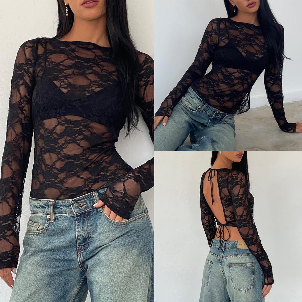 Women Long Sleeve T-Shirts Tie-Up Backless Lace Shirts Spring Fall Slim Fit Tops Streetwear