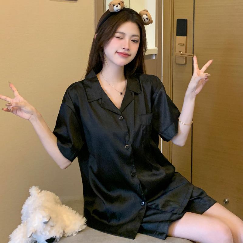 Elegant Temperament Black Imitation Silk Short-Sleeved Shorts Pajamas Women Can Wear Casual Loungewear