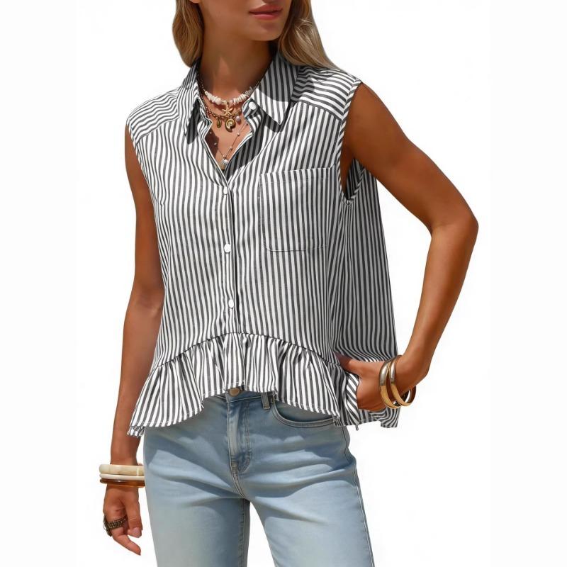 Camicia da Donna a Righe Senza Maniche con Bottoni, Orlo Arricciato e Taschino sul Petto, Top Estivo Casual Multicolore
