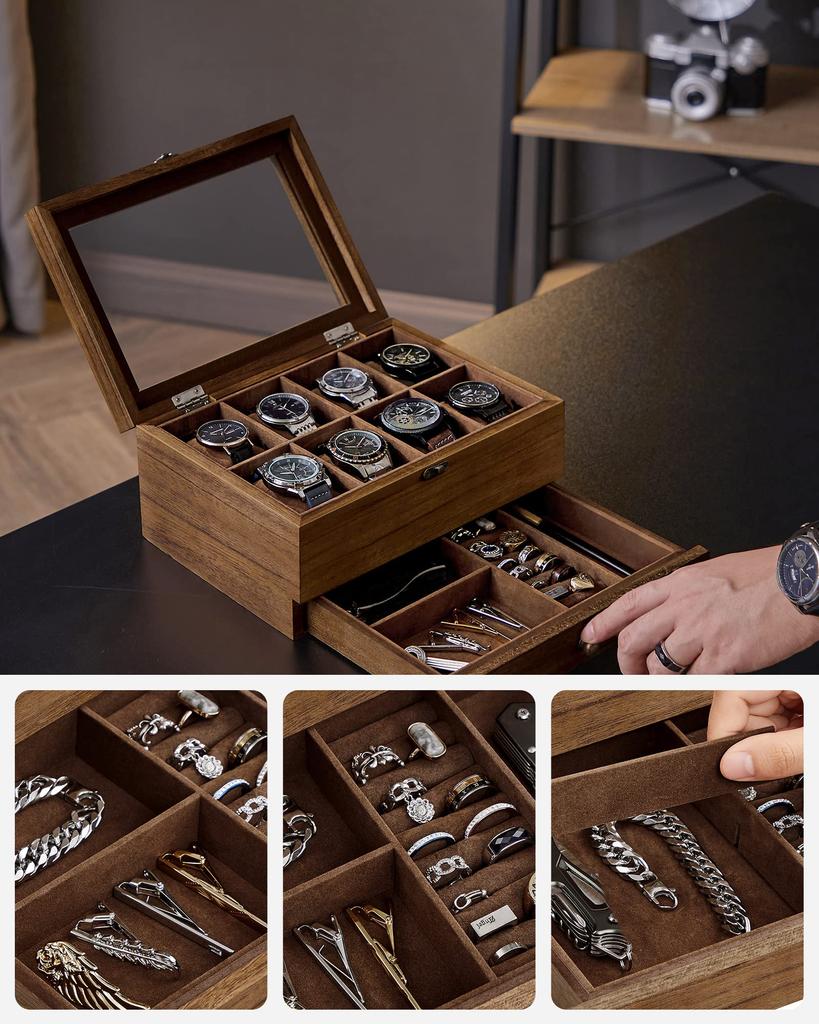 SONGMICS Watch Wooden Watch Storage Box with Jewelry Box with Clear Perfect for Watch Day Birthday Wood JOW008K01 Case, 8-Piece Drawers, Two-Tier
