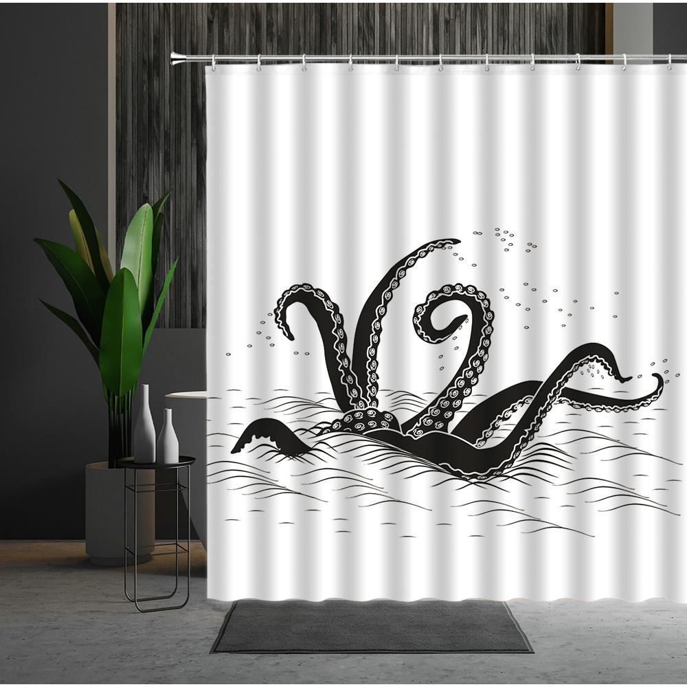 

Funny Sea Monster Octopus Shower Curtain Marine Organism Tentacle Black And White Style Bath Curtains Bathroom Decor Fabric Hook W60H190(CM)-1 Pcs