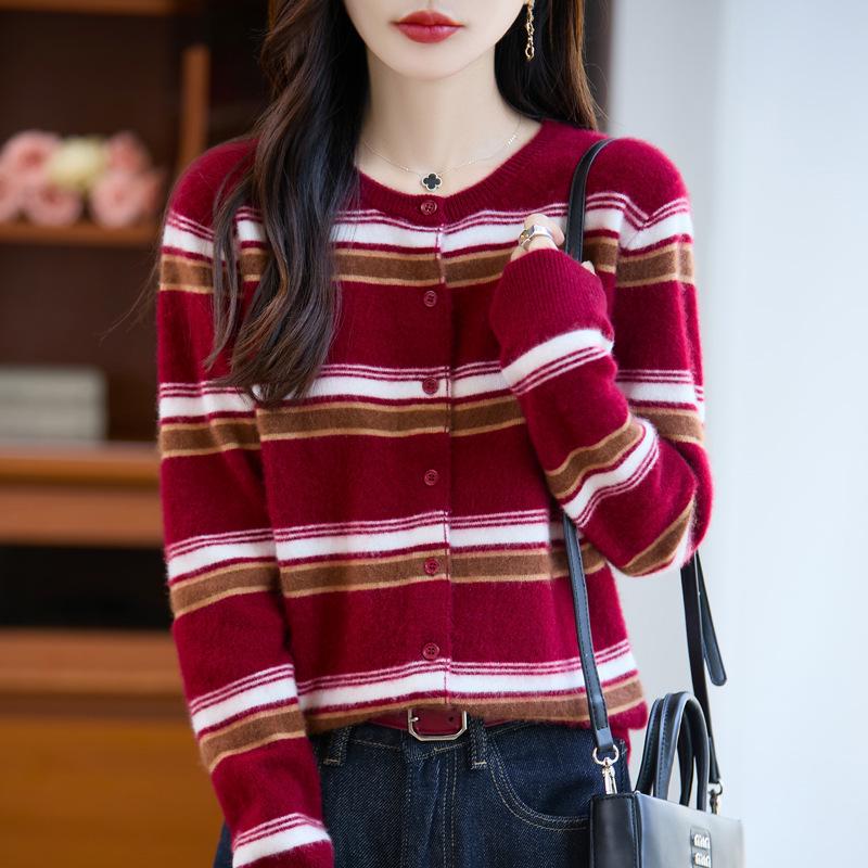 100% Wool Striped Cashmere Button-Up Sweater for Women - Korean Style, Autumn/Winter Collection