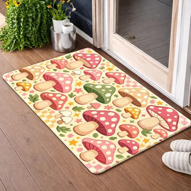 Watercolor Forest Mushroom Butterfly Door Mat Non Slip Indoor Entrance Rug Fairy Tale Wild Plant Insect Print Doormat