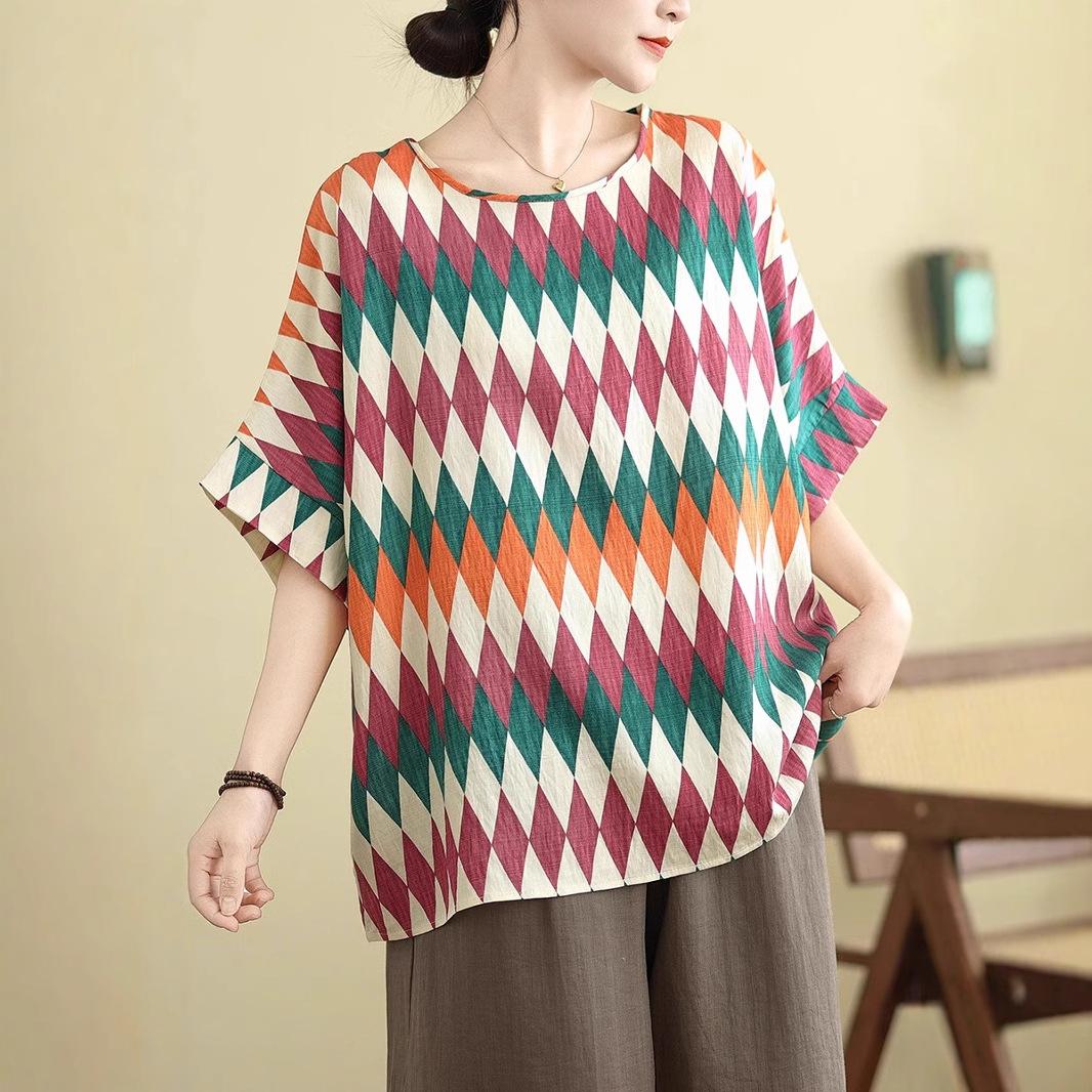 

Cotton and Linen Large-size Women s Summer New Loose Slim Retro Contrasting Color Versatile Meat Cover Short-sleeved T-shirt Printed Top XXXL