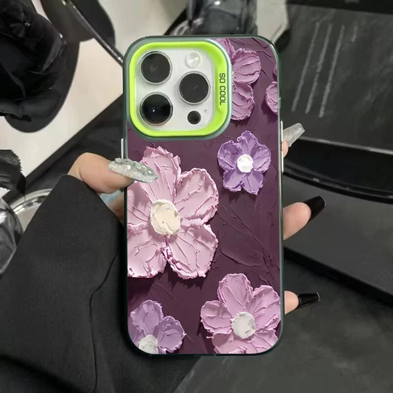

Luxury Oil Painting Flower Electroplate Silver IMD Case For iPhone14 15 11 12 13 Pro Max 7 8 Plus X XR Shockproof Hard Cover iPhone 7