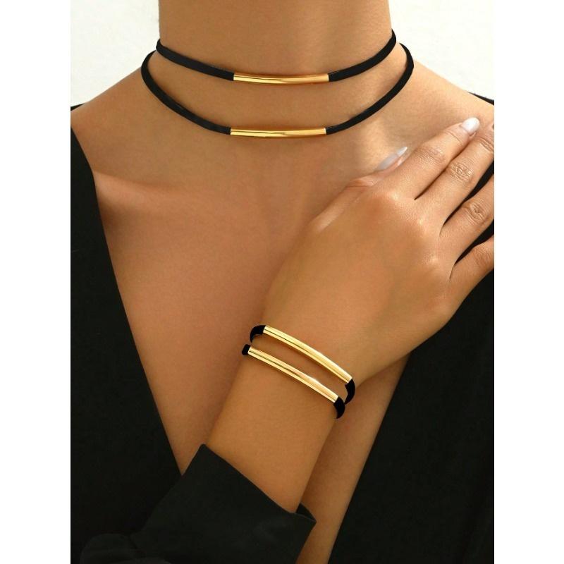 

Металлический креативный комплект колье и браслета с леопардовым принтом в европейском и американском стиле, Осень/Зима one-size чёрный