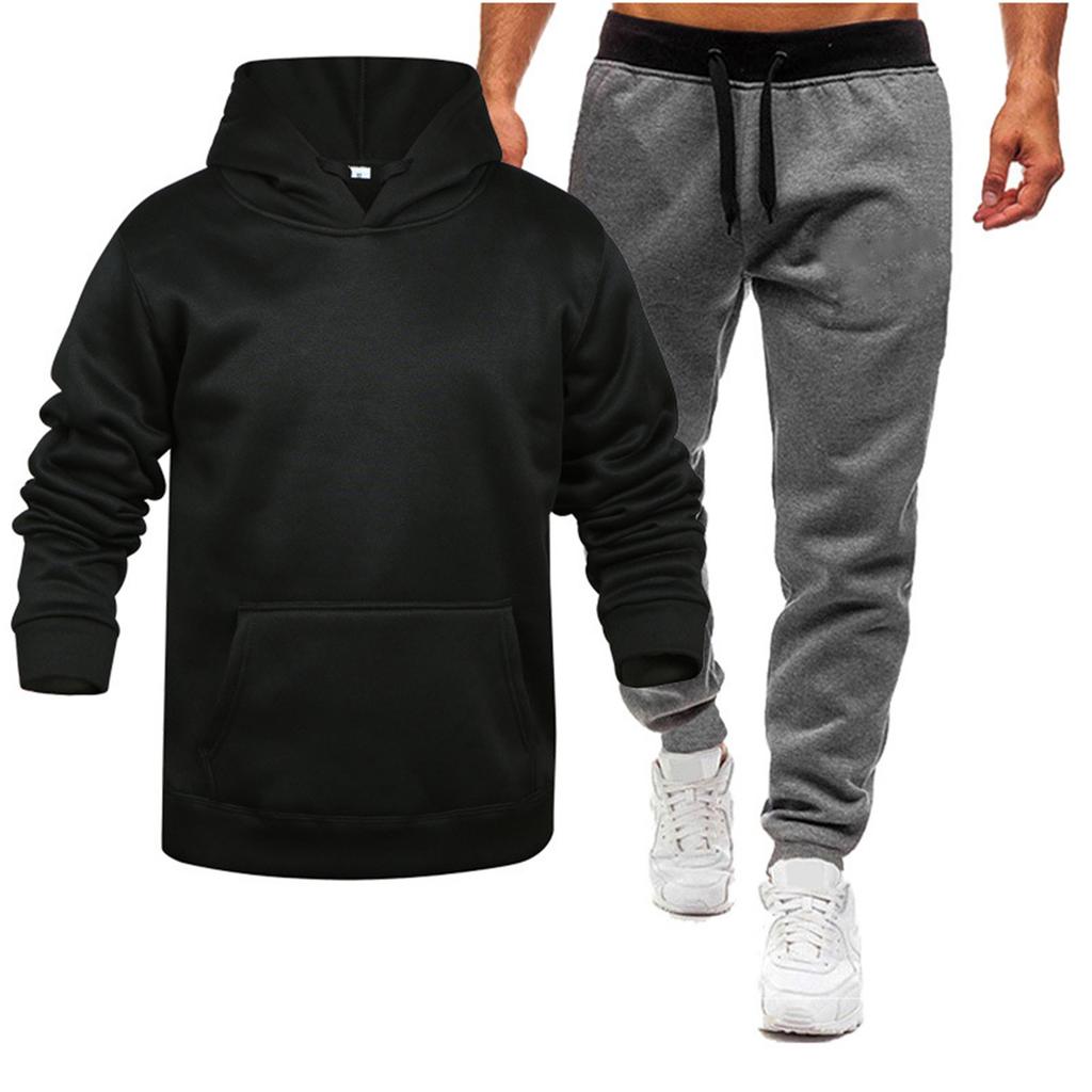 Men's Winter Solid Color Long-Sleeved Hooded Drawstring Sweatshirt And Sweatpants Suit
