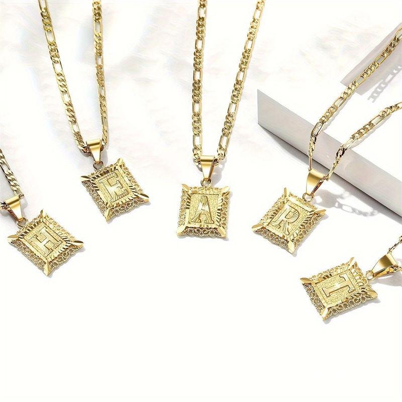 Initial Letter Pendant Necklace for Men Women 14K Gold Plated Square Necklace 26 Letters Long Chain Necklace GZW