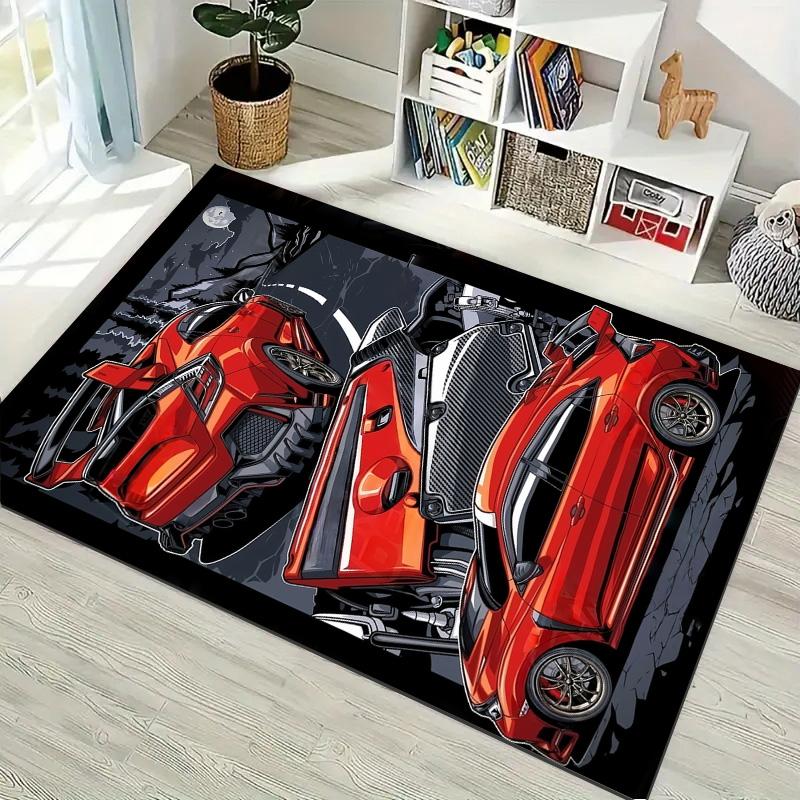 Red Supercars Night Mountain Scene Comic Print Area Rug Non‑Slip Rectangular Floor Mat Auto Enthusiast Decor for Gaming Bedroom Living Room