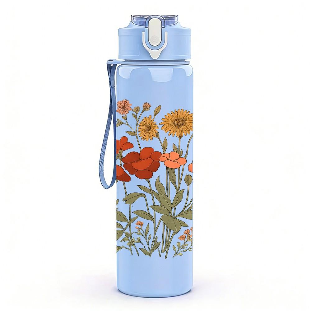 1PC Wild Orange Flower Bouquet Art 750ml Color Plastic Sports Water Bottle Leakproof Flip Straw Lid Suitable for Sports Office Home Use