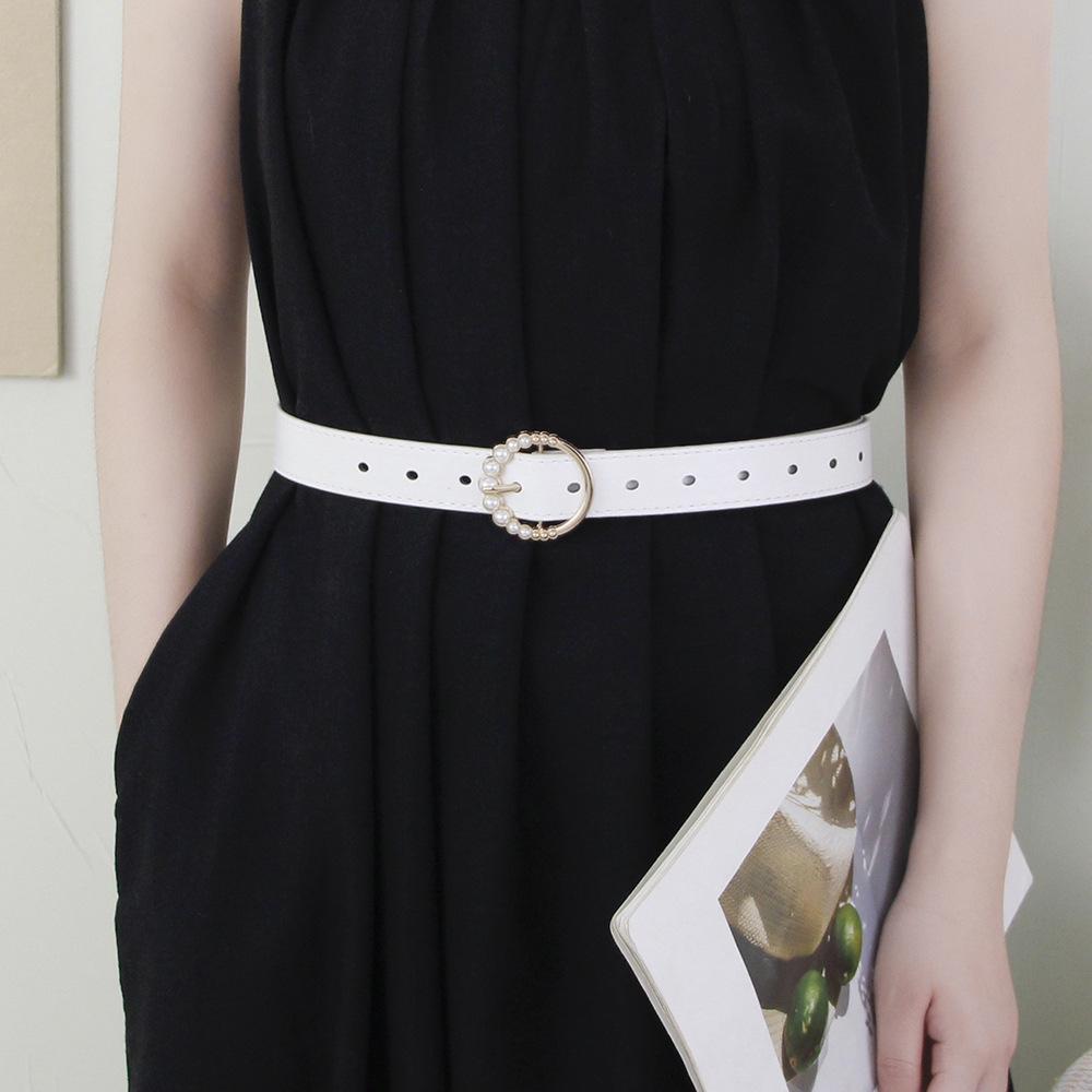 New Fashionable Round Pearl Buckle Women’s Leather Belt Korean-Style Beaded Versatile Minimalist Retro Jeans Belt