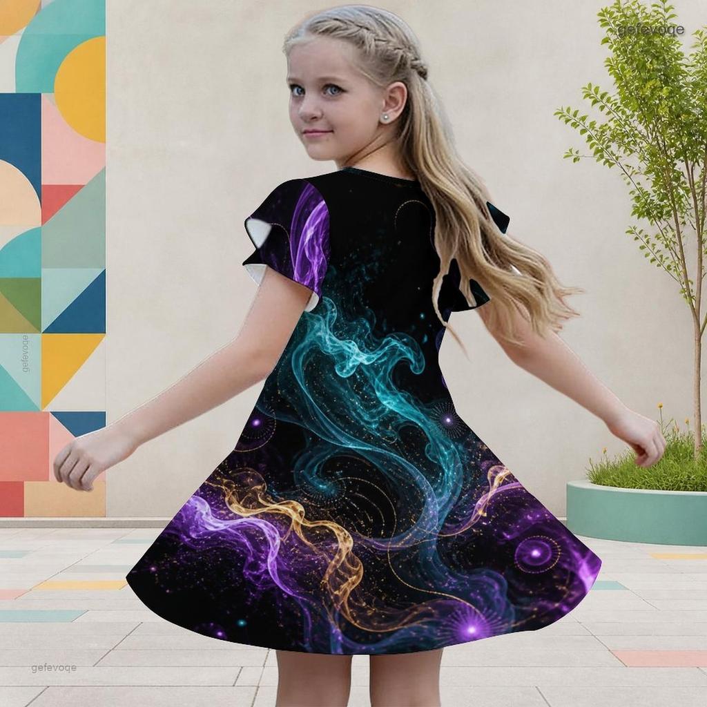 Girls Galaxy Printed Round Neck Flutter Sleeve A Line Flared Dress