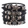 Armbandset med flerskiktat läder och skalle, nit - femdelat mode för män
