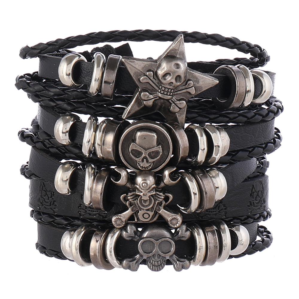 Armbandset med flerskiktat läder och skalle, nit - femdelat mode för män