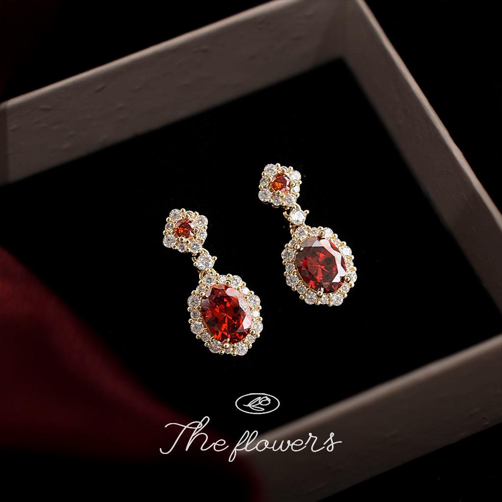 Vintage Zircon Red Court Style 925 Silver Earrings with 14K Gold Plating