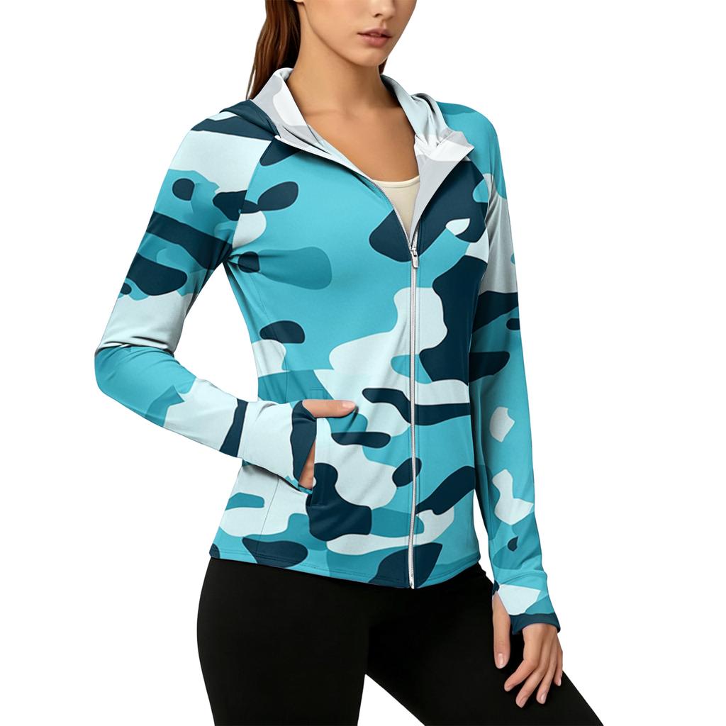 Leichte Kapuzenjacke mit Reißverschluss und Taschen für Damen, Langarm, Camouflage, Sonnenschutzjacke für Outdoor-Aktivitäten