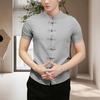 Men Summer Shirt Stand Collar Short Sleeve Solid Color Slim Fit Knot Buttons Daily Wear Chinese Traditional Clothes Vintage Chinese Style Men Top Men