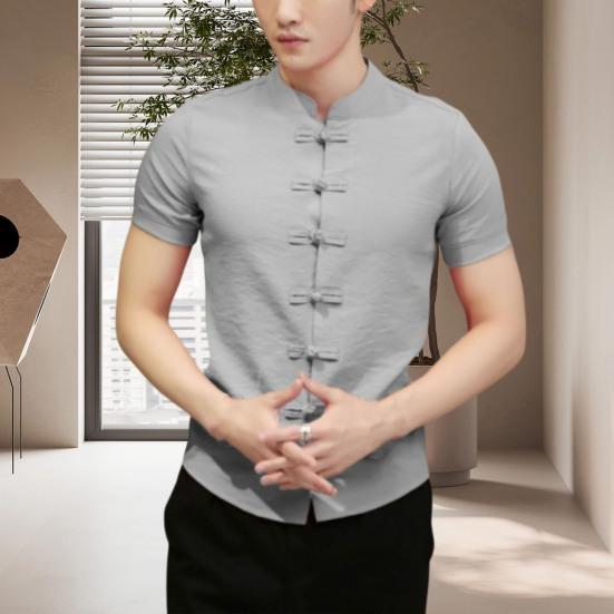 Men Summer Shirt Stand Collar Short Sleeve Solid Color Slim Fit Knot Buttons Daily Wear Chinese Traditional Clothes Vintage Chinese Style Men Top Men
