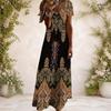 Women Plus Size V Neck Short Sleeve Red Black Striped Printed Long Straight Dress