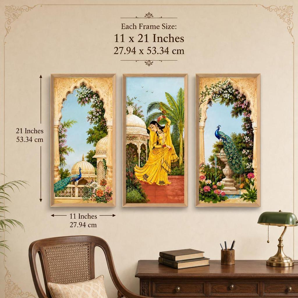 Livin'luxe Set of 3 Mughal Garden Peacock Lady Wall Paintings with Sparkle Laminate, Premium Wooden Synthetic Frame, Royal Palace Floral Art