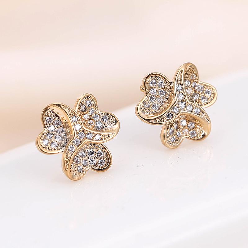 Gold Geometric Floral Rhinestone Stud Earrings