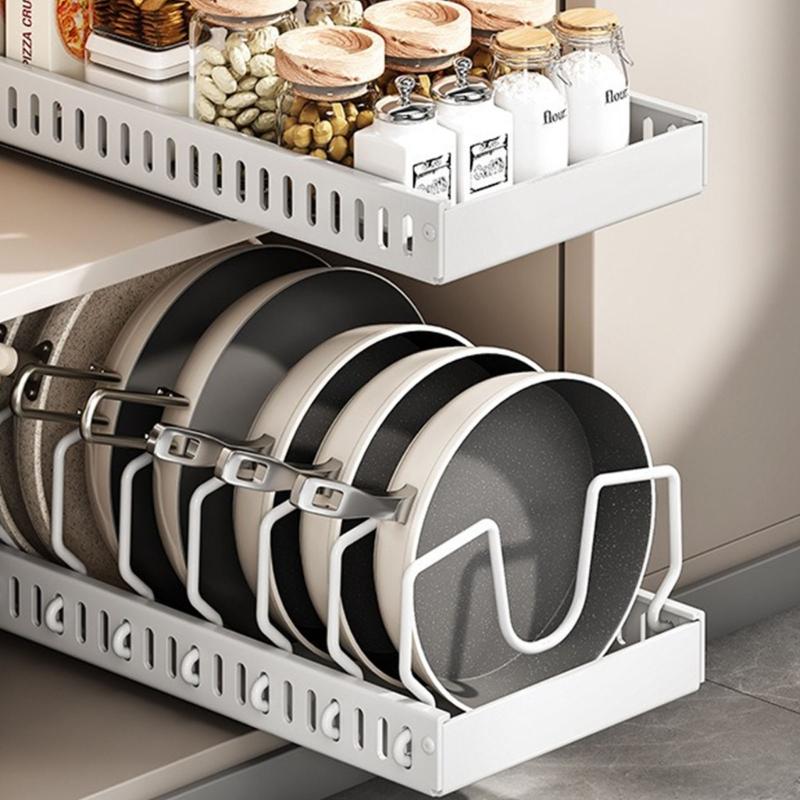 Adjustable Kitchen Cabinet Storage Rack With Slide Out Shelves For Cookware Dishes Spices Metal Construction Tray