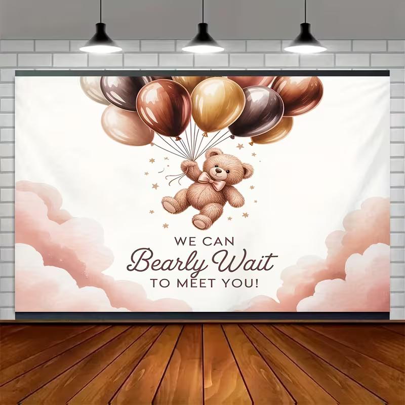 2D Neutral Teddy Bear Baby Shower Backdrop Pink Clouds & Balloons Photo Booth Background