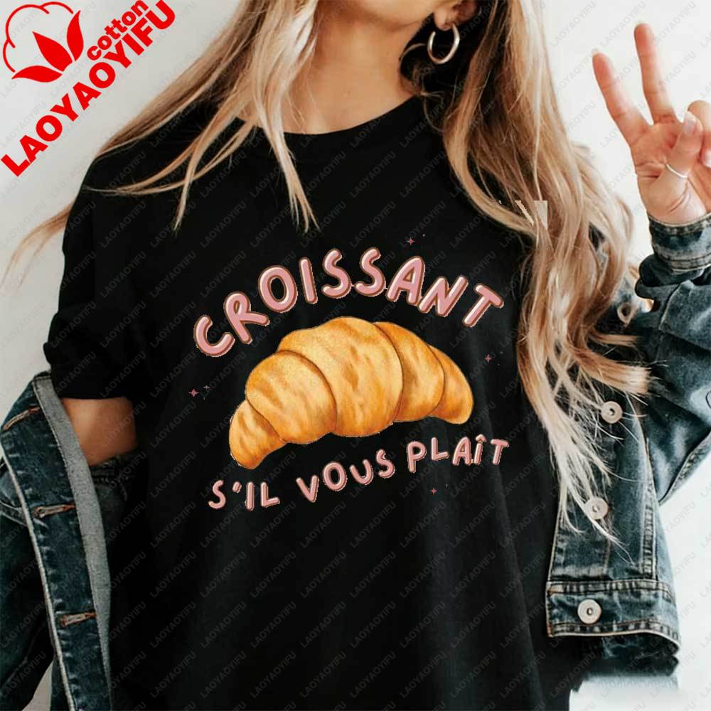 

Womens Cute Croissant Sil Vous Plaît TShirt French Aesthetic Graphic Tee Casual Cotton Tshirt Summer Aesthetic Parisian Tops S