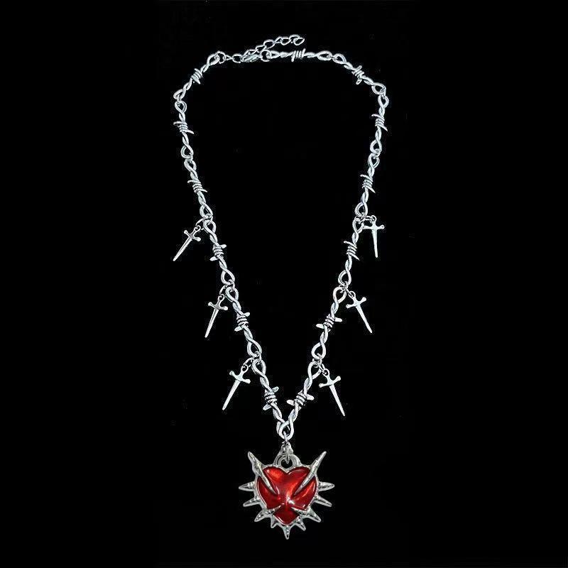 Gothic Y2K Thorn Rose Bow Heart Pendant Necklace Women's Retro Vampire Accessories Witch Party Jewelry Gift Choker