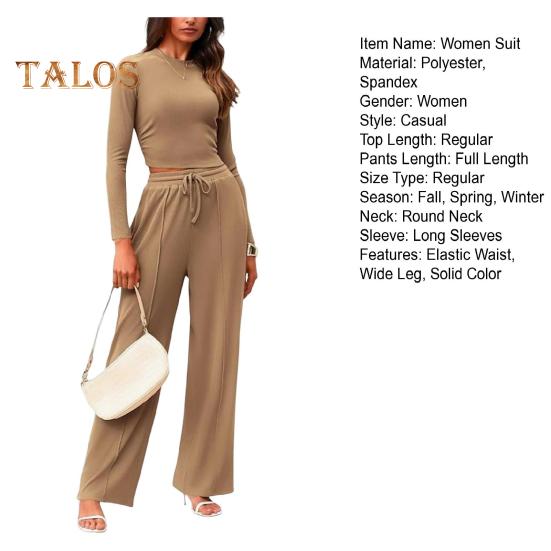 2 Pcs/Set Women Top Pants Suit Round Neck Long Sleeves Slim Fit Top High Waist Drawstring Wide Leg Trousers Tracksuit Casual Daily Wear Outfit
