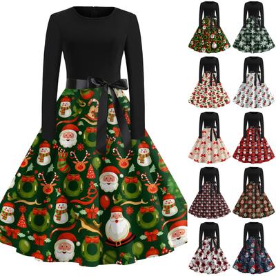 Damen Freizeitkleid mit Weihnachtsdruck, Rundhals Vintage Feiertagskleid