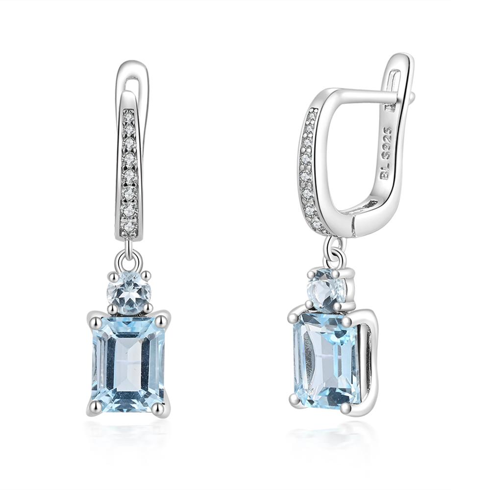 

925 silver dangling clasp earrings with natural Sky Blue Topaz gesmtones elegant design for women wife nice gift M синій