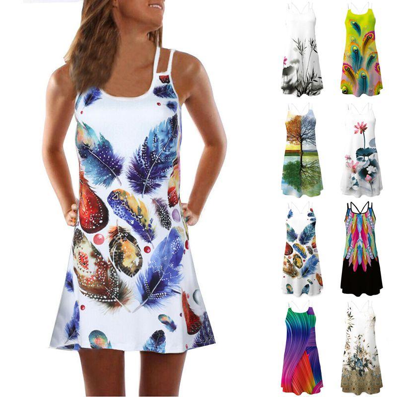 Vintage Boho Women Loose Summer Sleeveless 3d Floral Print Tank Mini Dress For Effortless Style