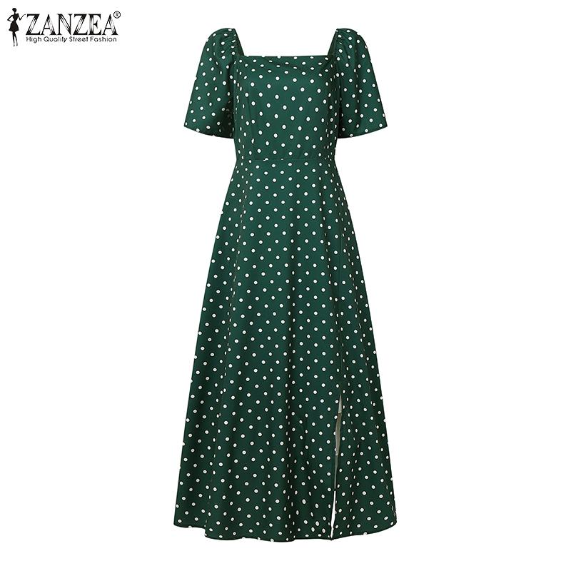 ZANZEA Women Casual Square Collar Short Sleeve Polak Dot Print Dress