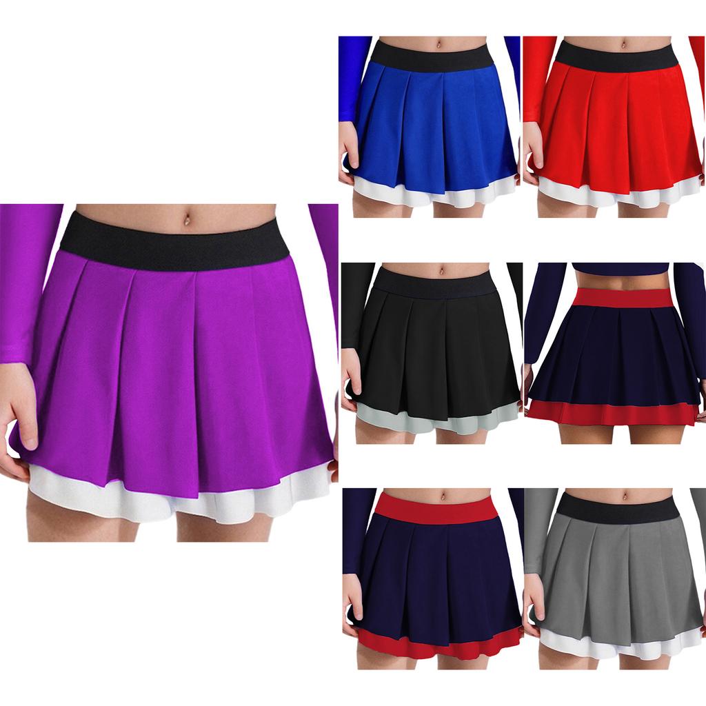 Girls Cheerleading Dance Performance Skirt: Contrast Color Elastic Waistband Two Layers Pleated Skirt for Competition