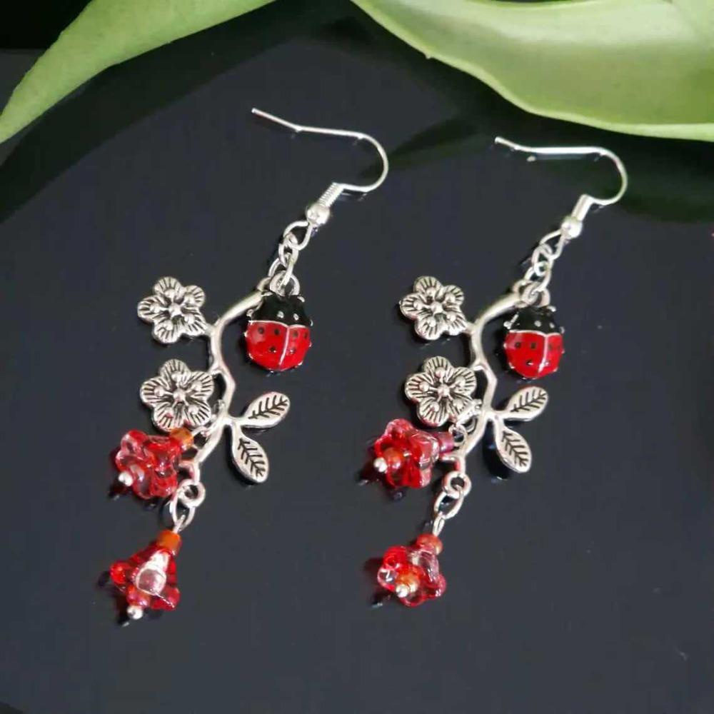 Cute Enamel Ladybug Floral Branch Red Glass Bellflower Dangle Earrings for Women Boho Nature Retro Sliver Color Jewelry Gifts