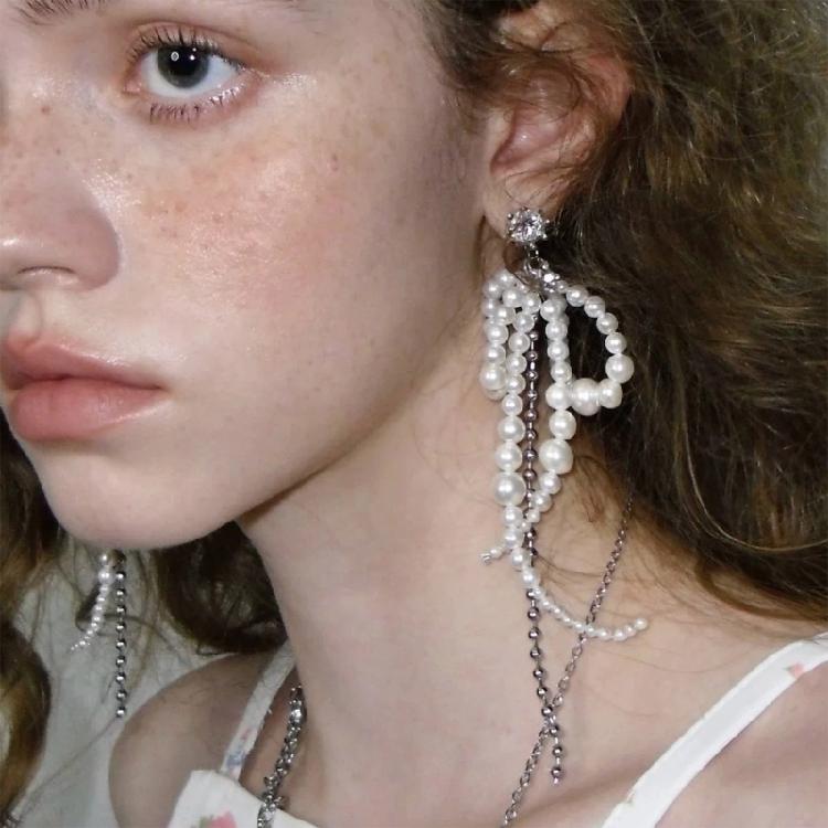 Mode Hängeohrringe Süße Perle Schleife Quasten Anhänger Ohrringe Schmuck