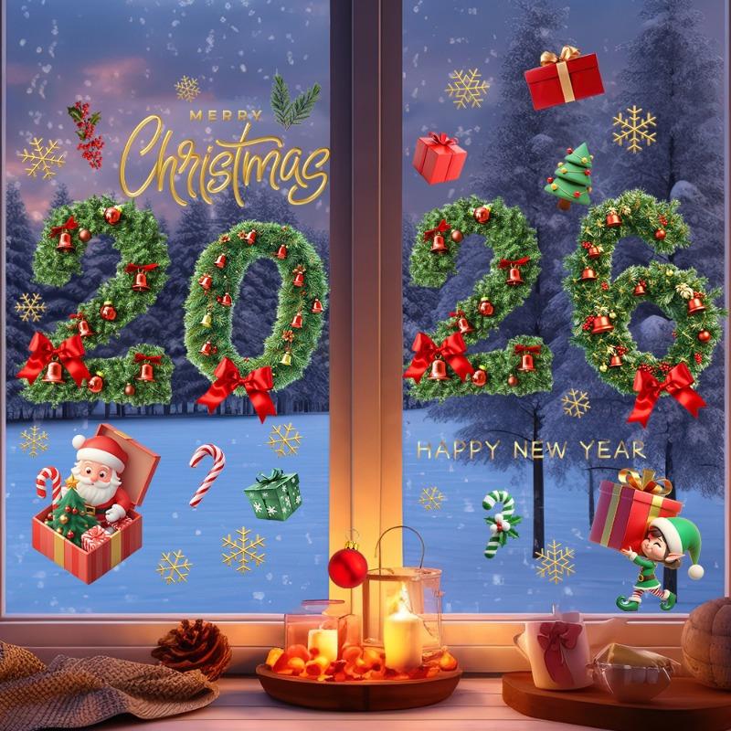 Christmas Decorations 2026 Green Pine Needle Bell Window Decal Indoor Outdoor Glass Doors Windows Electrostatic Stickers