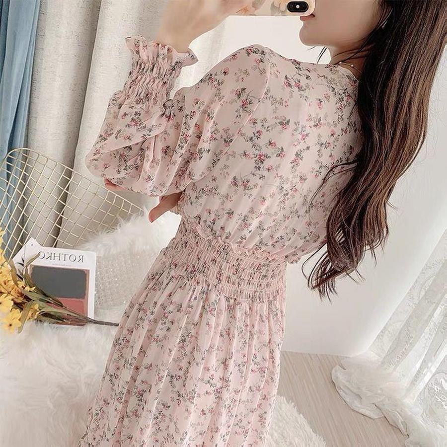 Floral Print Chiffon Dress Long Dress Women Spring New Korean Style Fairy Dress Ruffled Maxi Skirt
