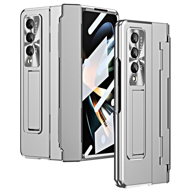 For Samsung Galaxy Z Fold 4 Leveling Hinge Case Kickstand Cover For Galaxy Z Fold 4 3 Plating Case With Front Screen Glass Film
