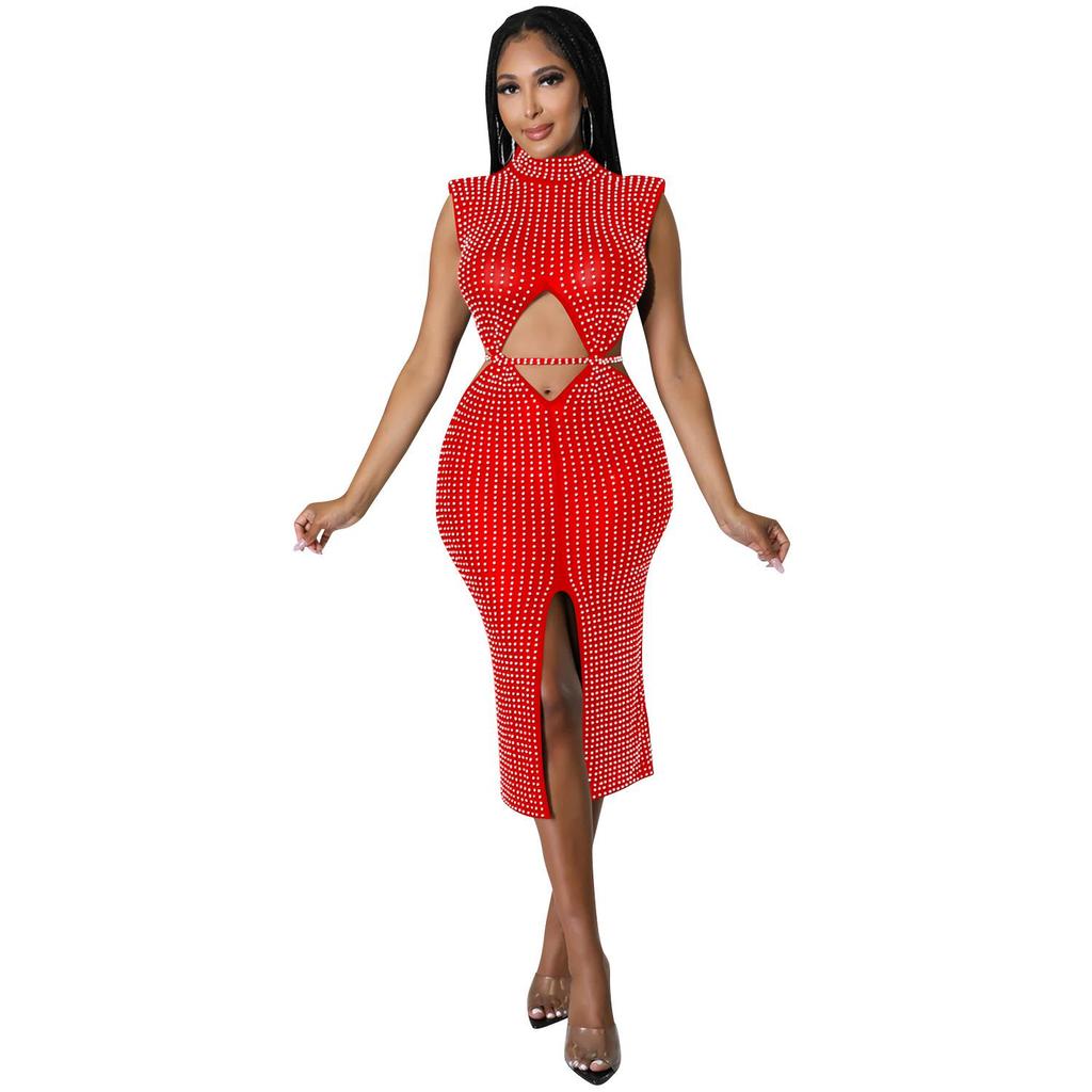 Damen Sexy Netz Durchsichtig Heißer Strass Hohl Schlitz Kleid C5796