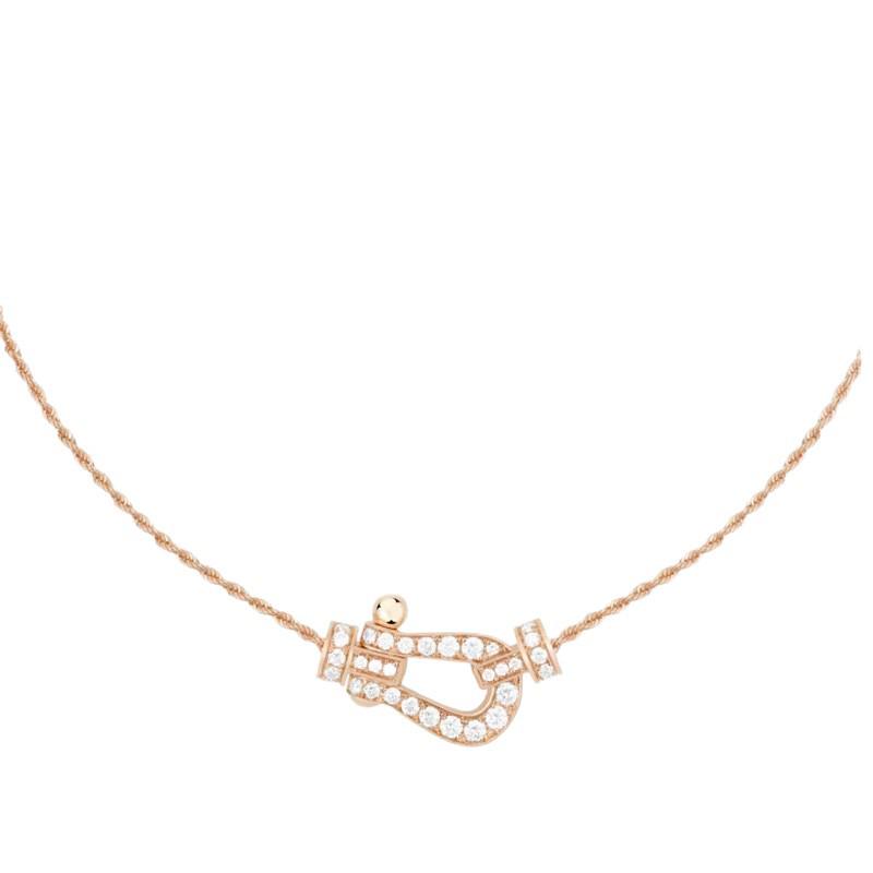Women's 18K Rose Gold Fred Medium Diamond Horseshoe Necklace with Horizontal Nautical Buckle Choker.