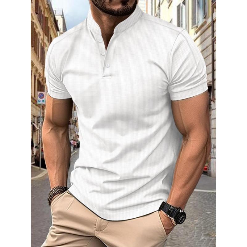Men's Short Sleeved Stand Up Collar Waffle Henry Collar Casual Short Sleeved Polo Shirt